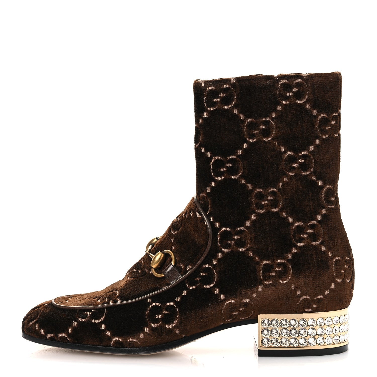 Gucci Velvet GG Monogram Crystal Horsebit Ankle Boots 37 Brown Vintage Cocoa