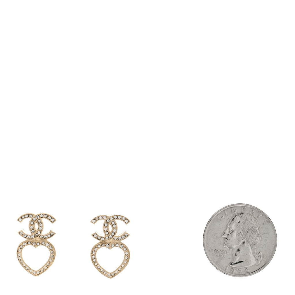 Chanel Metal Crystal CC Heart Drop Earrings Gold