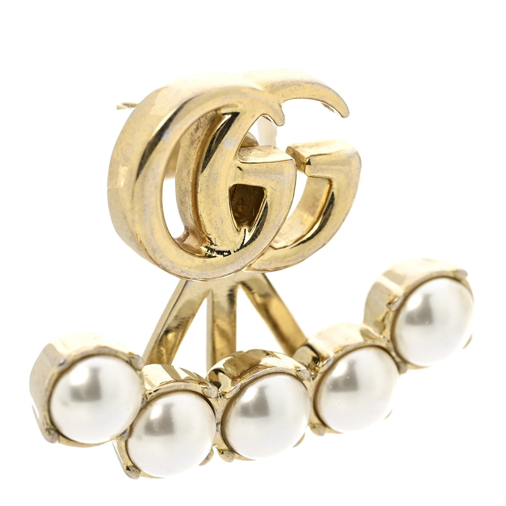 Gucci Metal Pearl Double G Drop Earrings Gold