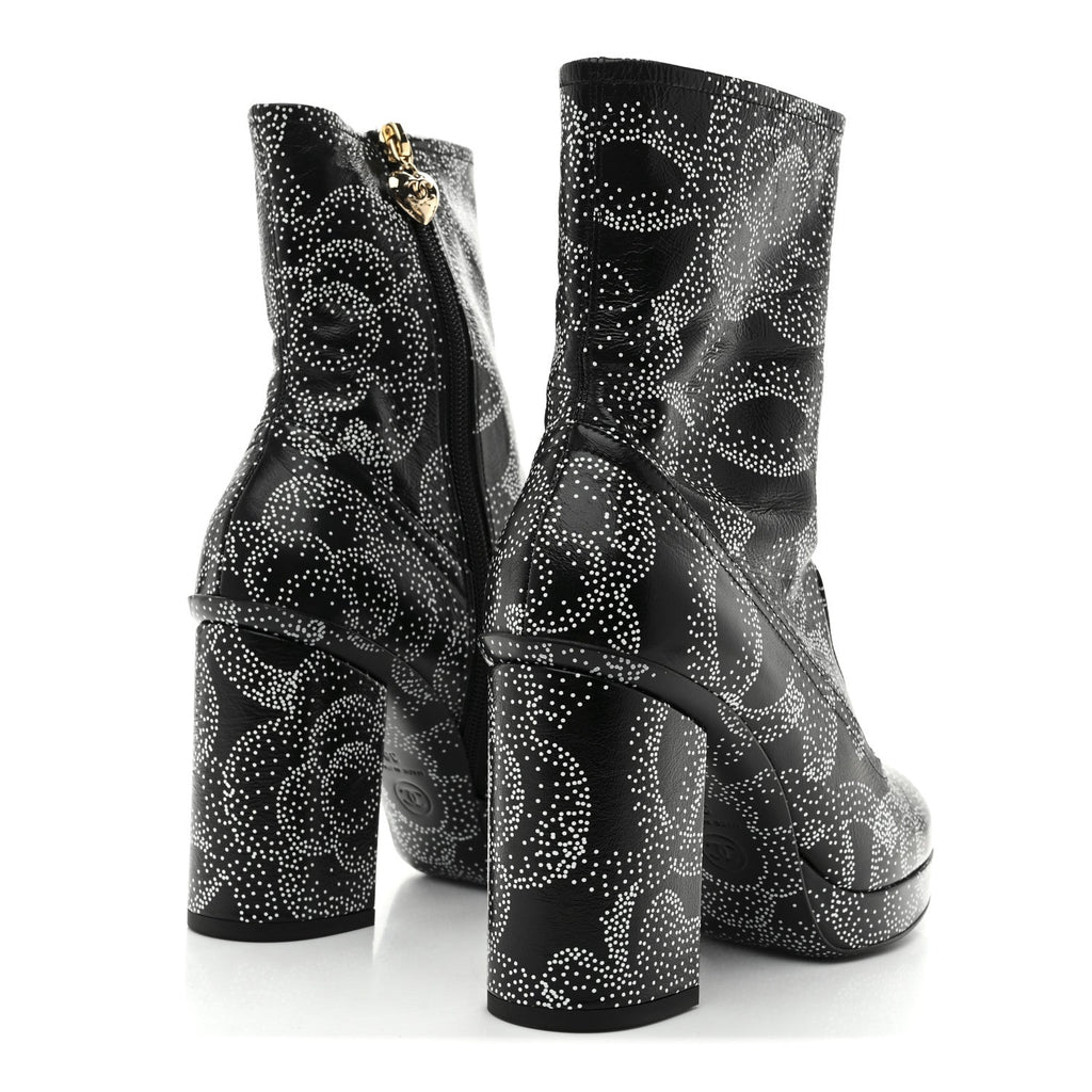 Chanel Calfskin Camellia Printed Ankle Boots 38 Black White