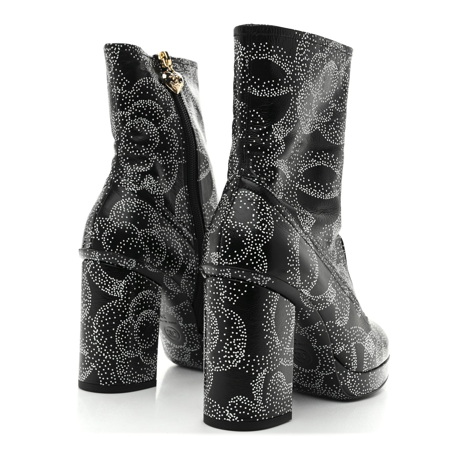 Chanel Calfskin Camellia Printed Ankle Boots 38 Black White