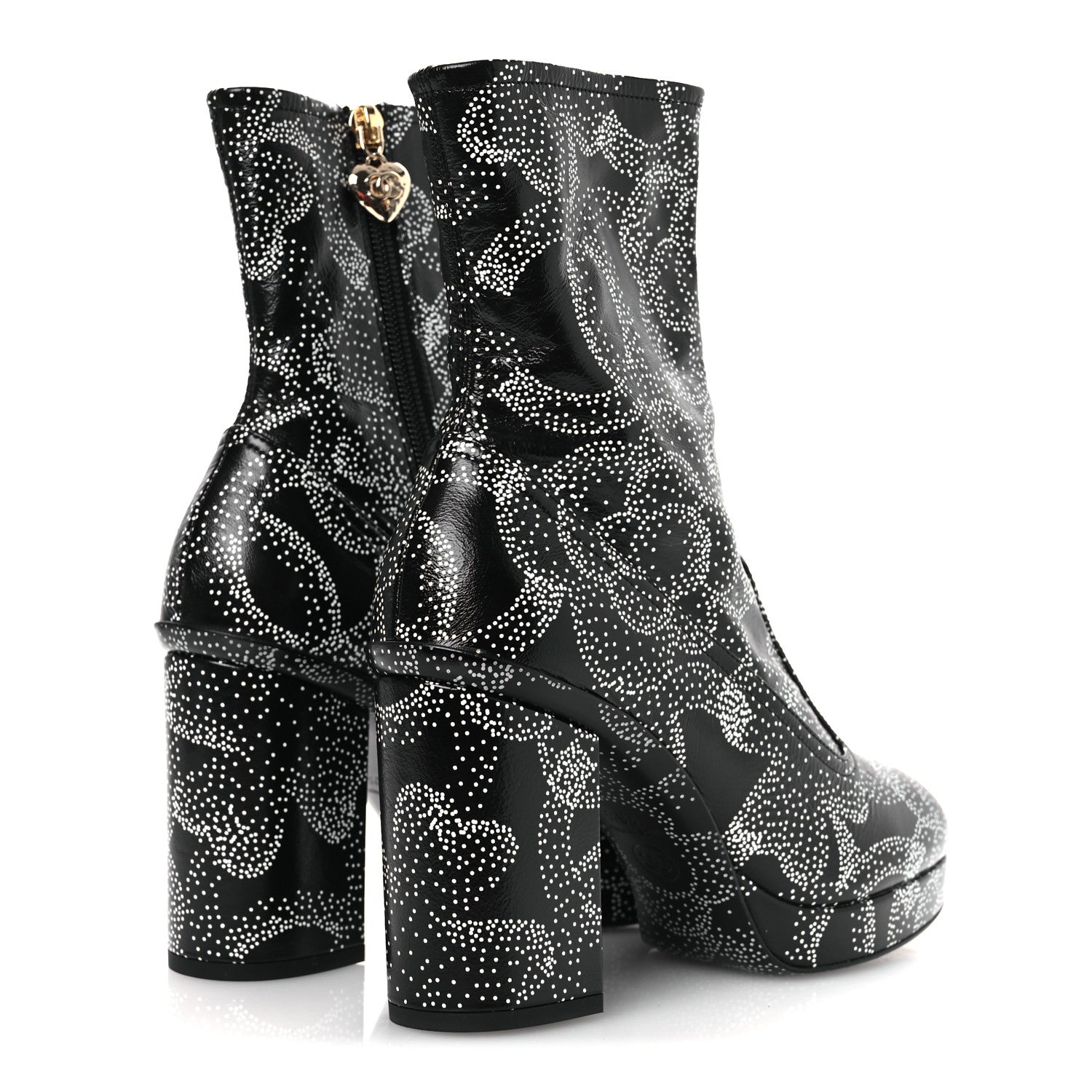Chanel Calfskin Camellia Printed Ankle Boots 38.5 Black White
