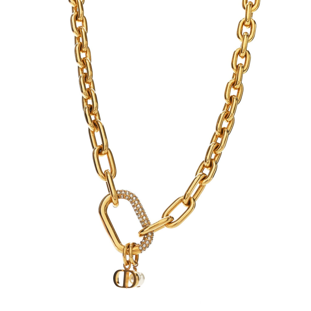 Christian Dior Crystal Pearl CD Chain Necklace Gold