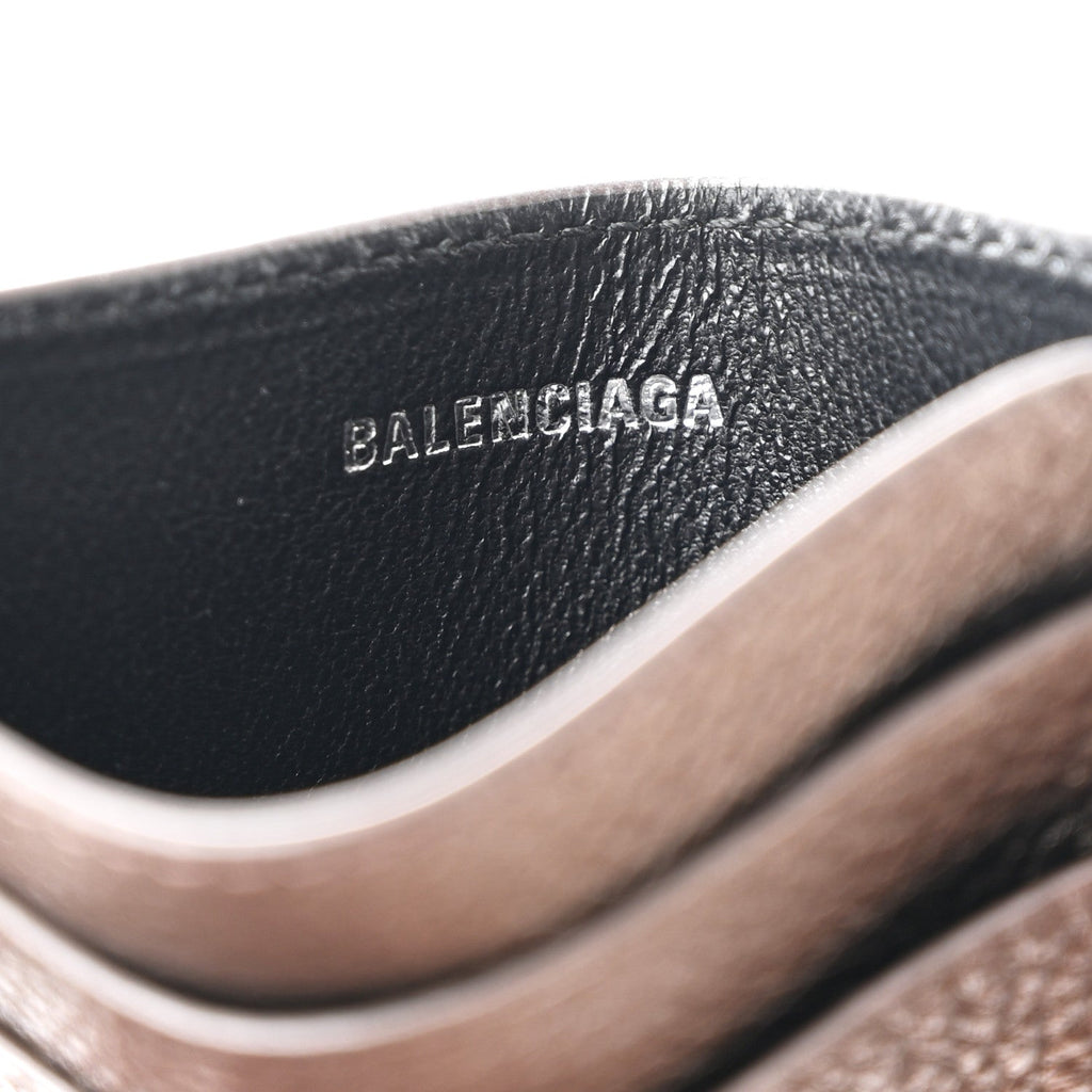 Balenciaga Metallized Grained Calfskin Logo Cash Rounded Card Holder Dark Bronze White