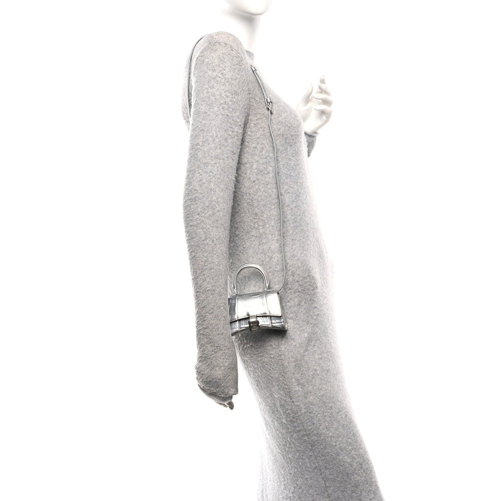 Balenciaga Metallic Calfskin Crocodile Embossed Hourglass Top Handle Bag Mini Silver