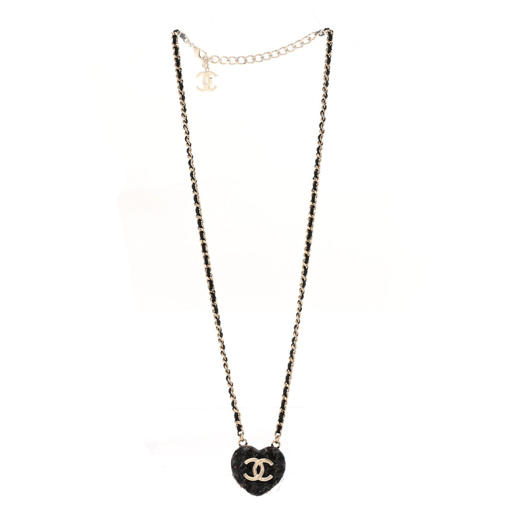 Chanel Tweed Lambskin CC Heart Locket Necklace Gold Black Beige