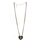 Chanel Tweed Lambskin CC Heart Locket Necklace Gold Black Beige
