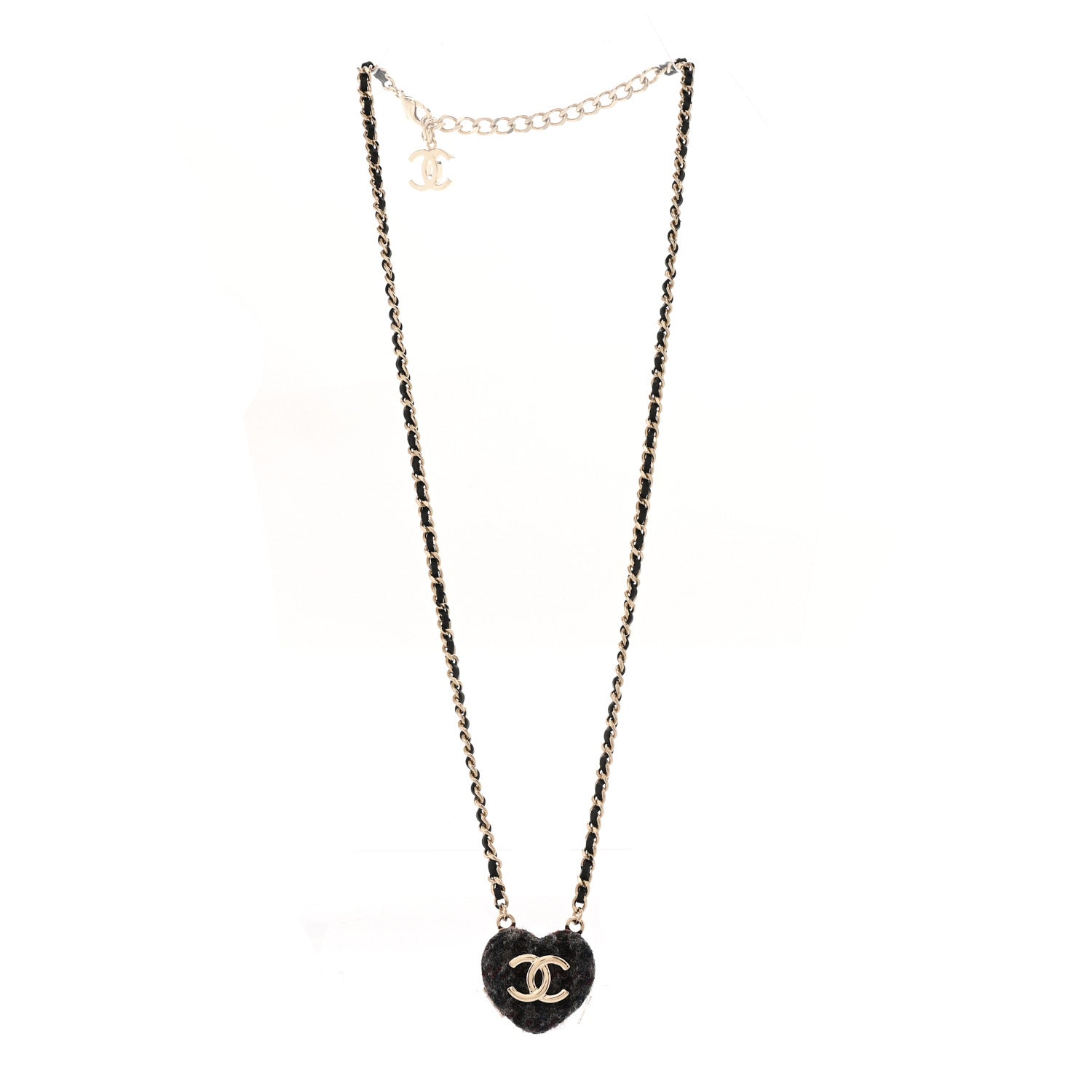 Chanel Tweed Lambskin CC Heart Locket Necklace Gold Black Beige