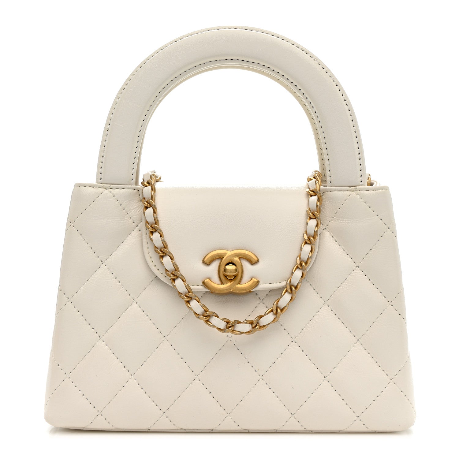 Chanel Shiny Aged Calfskin Quilted Nano Kelly Shopper White