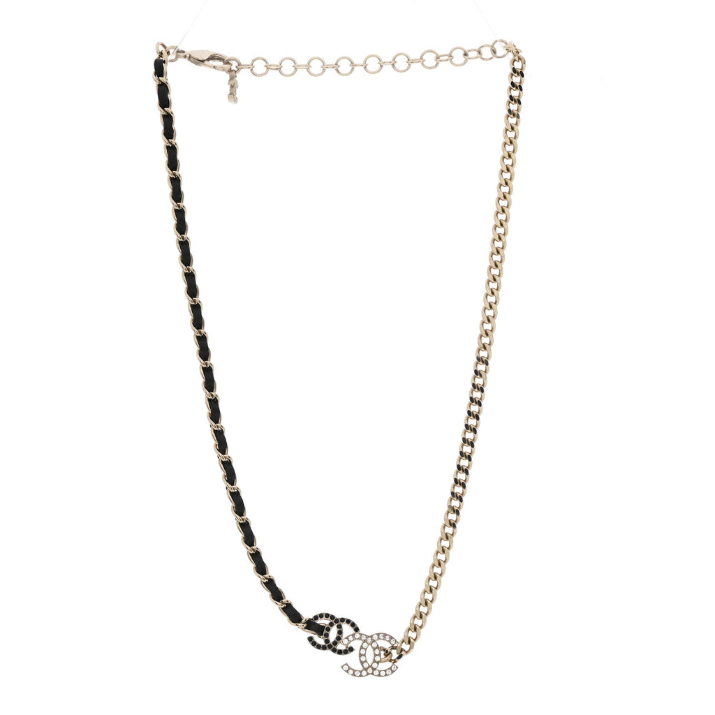 Chanel Lambskin Crystal CC Chain Choker Necklace Black Gold