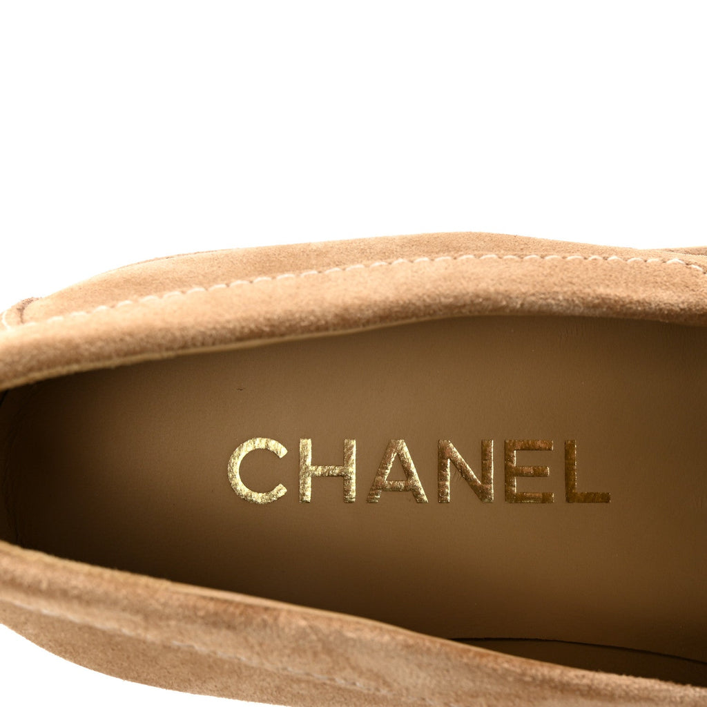 Chanel Suede Calfskin Pearl CC Moccasin Loafers 36.5 Dark Beige
