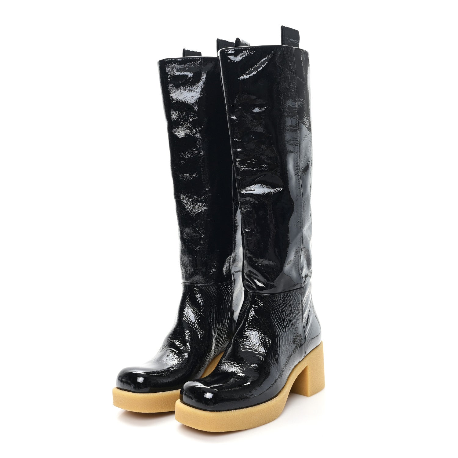 Miu Miu Crinkled Patent Calfskin Knee High Boots 37.5 Black