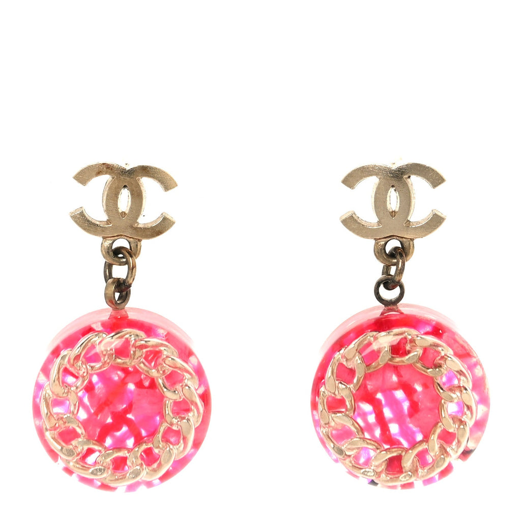 Chanel Resin Chain Tweed CC Drop Earrings Pink Gold