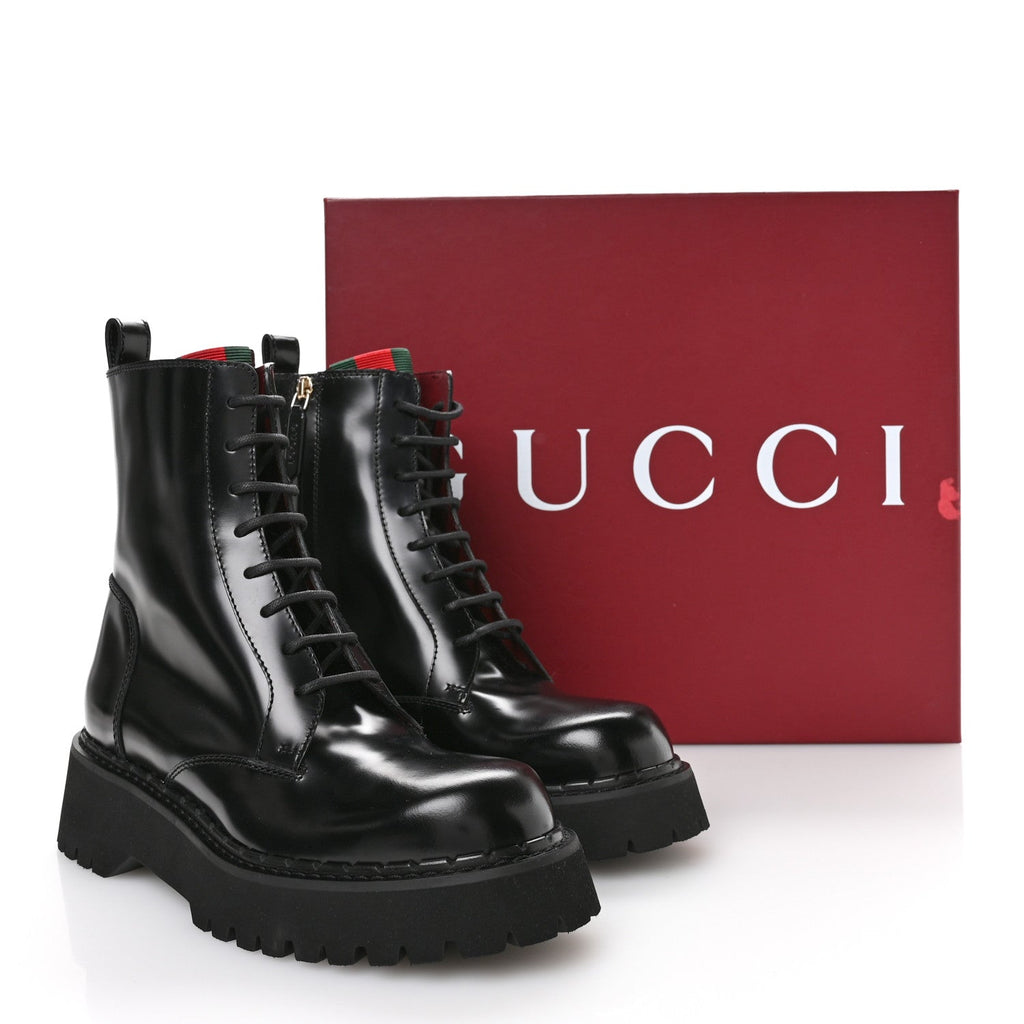 Gucci Spice Lux Nappa Web Combat Boots 40 Black