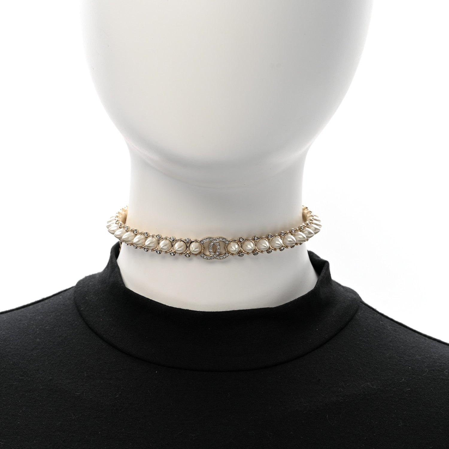 Chanel Strass Crystal Studded Pearl CC Choker Necklace Gold Pearly White