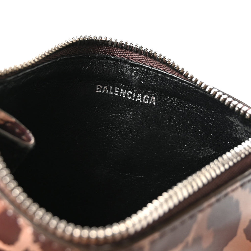 Balenciaga Calfskin Logo Leopard Print Cash Long Coin Card Holder Beige White