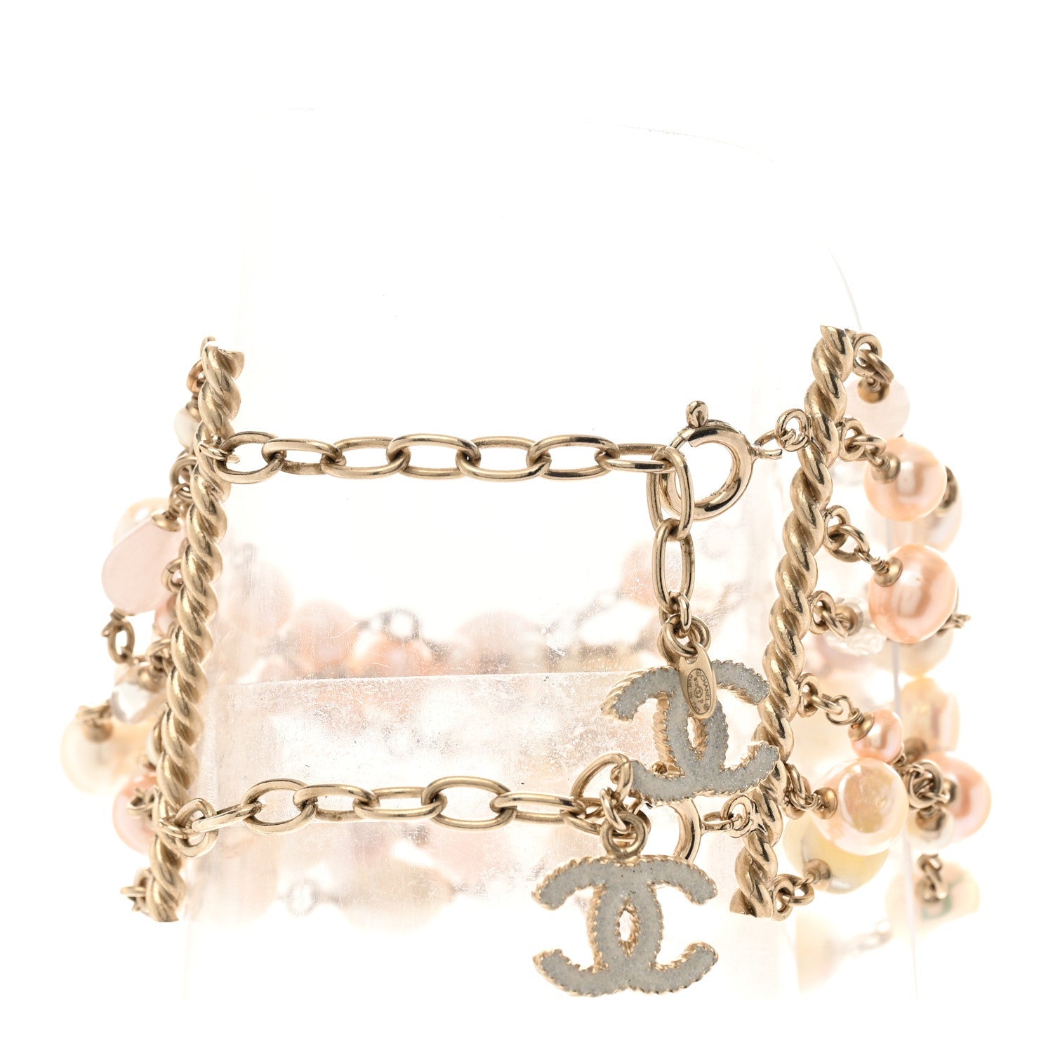 Chanel Pearl Bead CC Multi Strand Bracelet Gold Pink