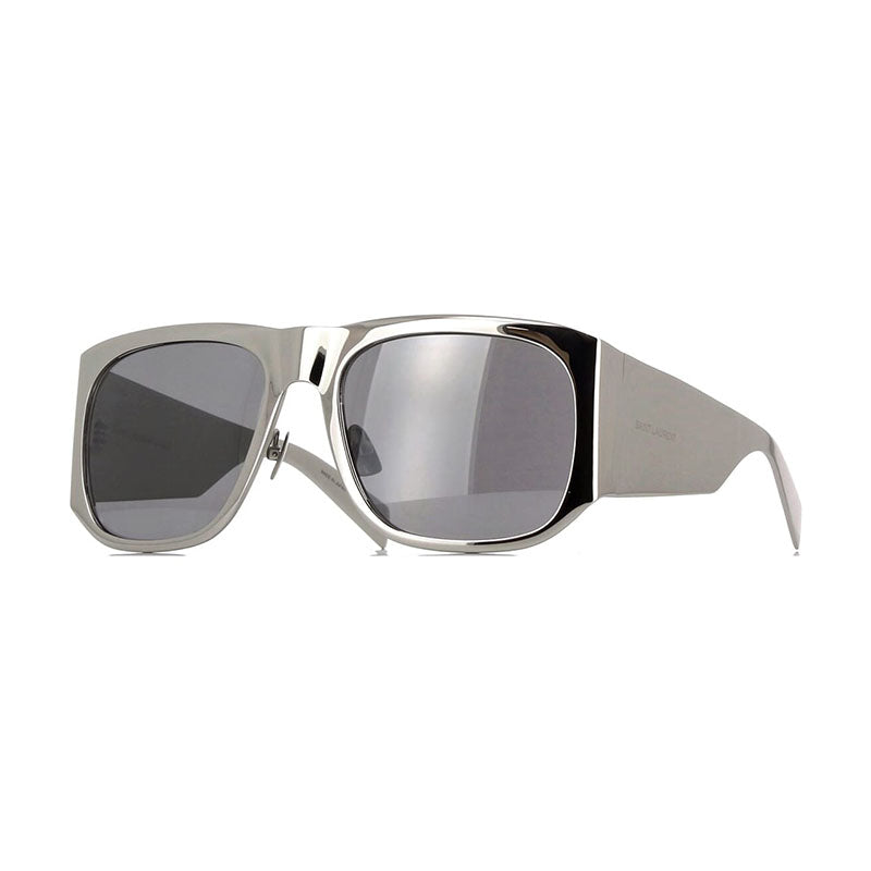 Saint Laurent Sunglasses Square Full Rim, Shiny Silver Frame and Grey Silver Mirror Lens SL636002