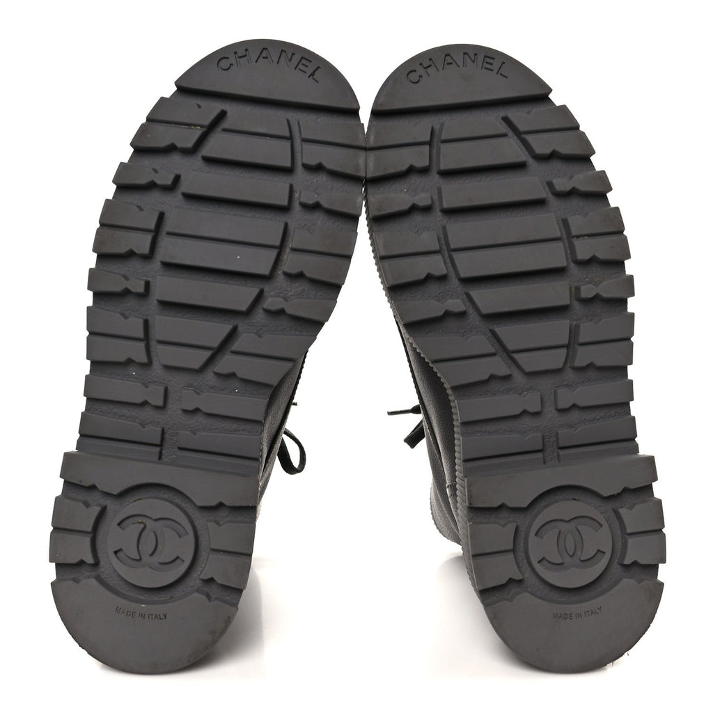 Chanel Grained Calfskin Shiny Calfskin CC Lace Up Combat Boots 41 Gray Black
