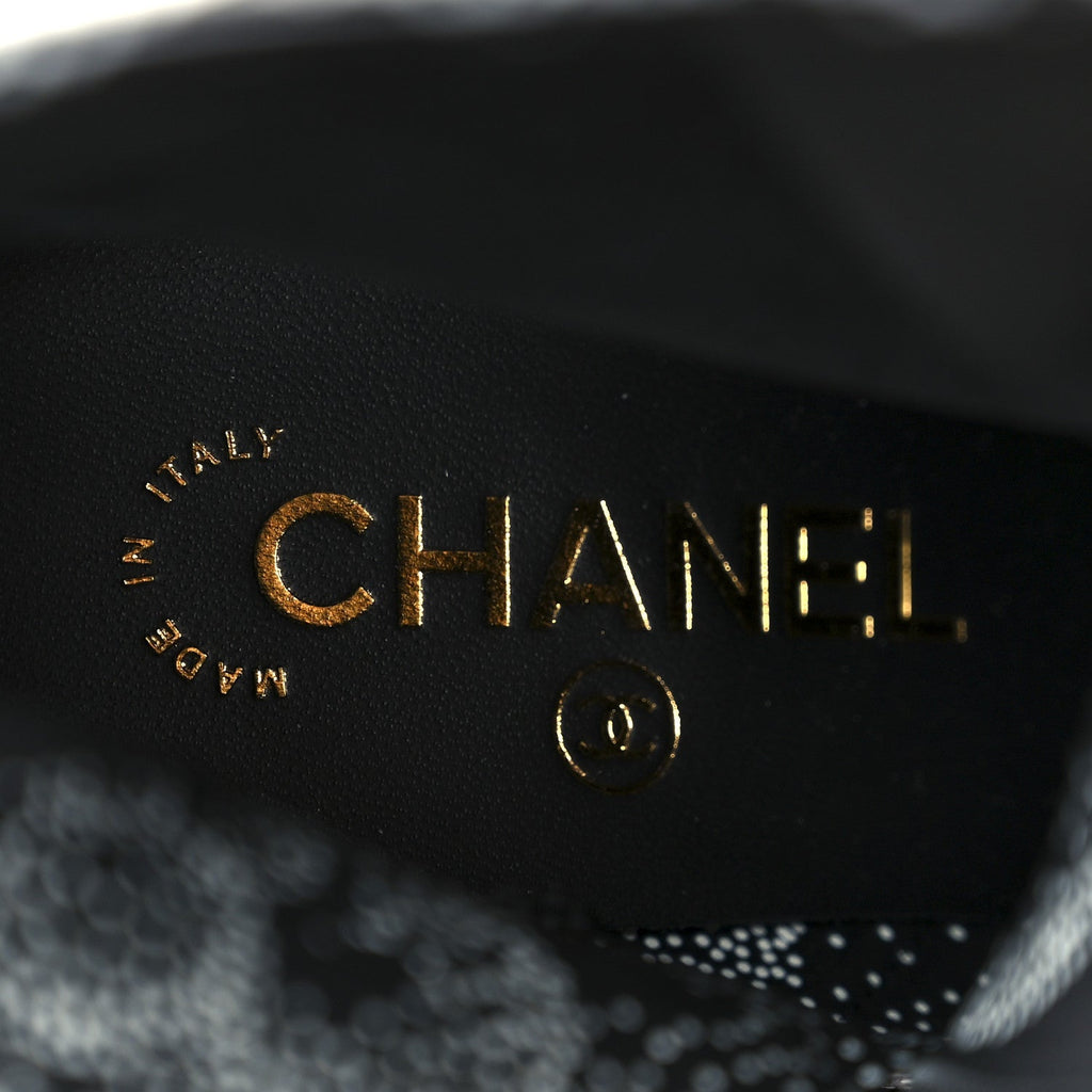 Chanel Calfskin Camellia Printed Ankle Boots 39 Black White