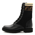 Fendi Calfskin Stretch Fabric Rockoko Biker Boots 37 Tobacco Black Marino