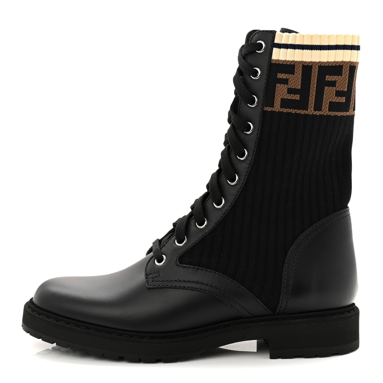 Fendi Calfskin Stretch Fabric Rockoko Biker Boots 37 Tobacco Black Marino