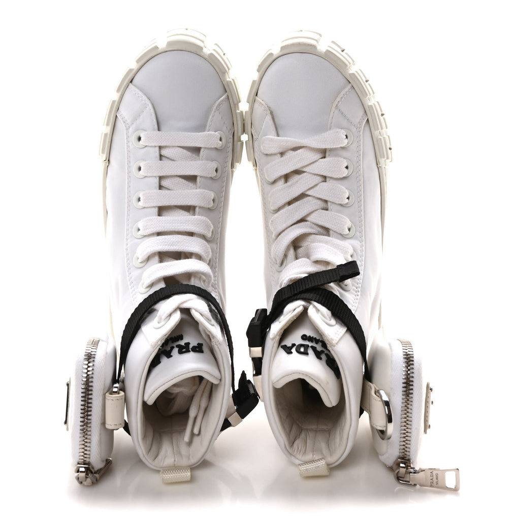 Prada Re-Nylon Gabardine Metal Triangle Logo Wheel Pouch Pocket High Top Sneakers 35.5 White