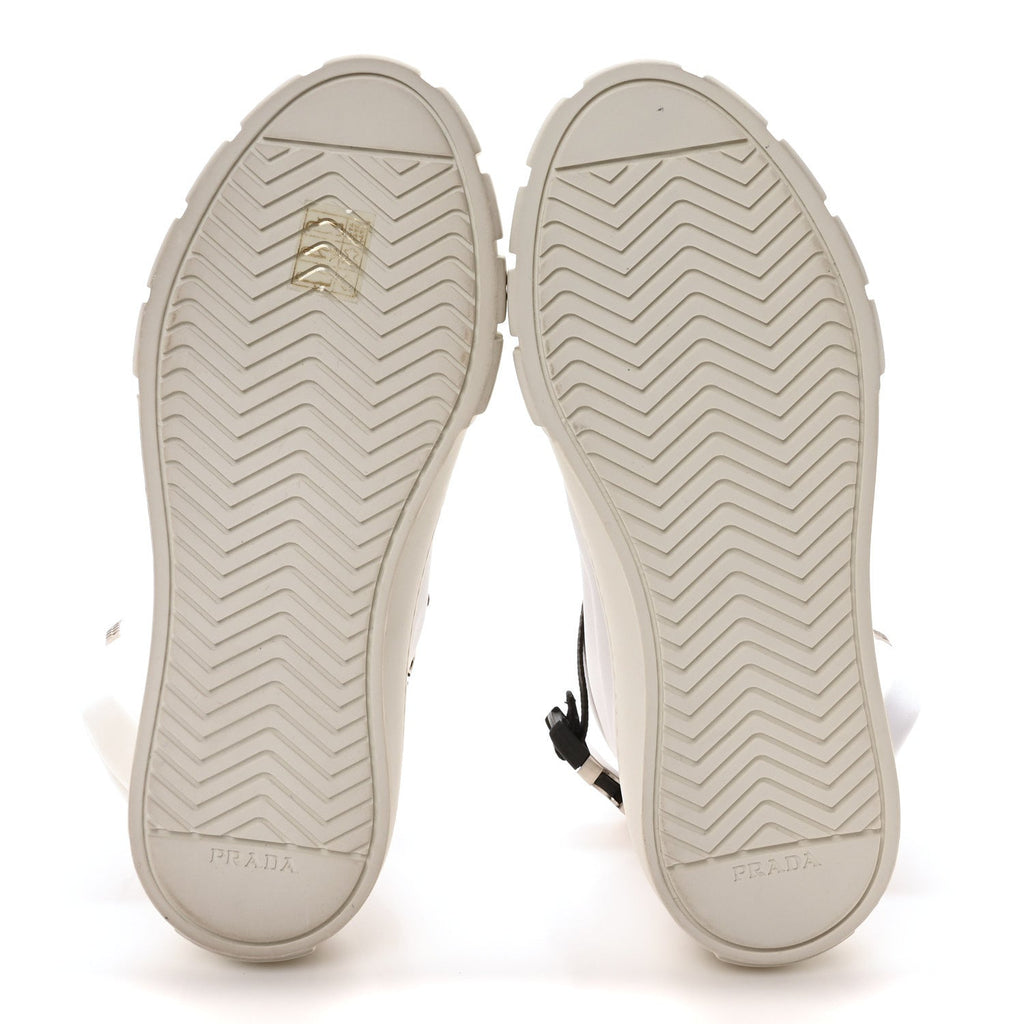 Prada Re-Nylon Gabardine Metal Triangle Logo Wheel Pouch Pocket High Top Sneakers 35.5 White