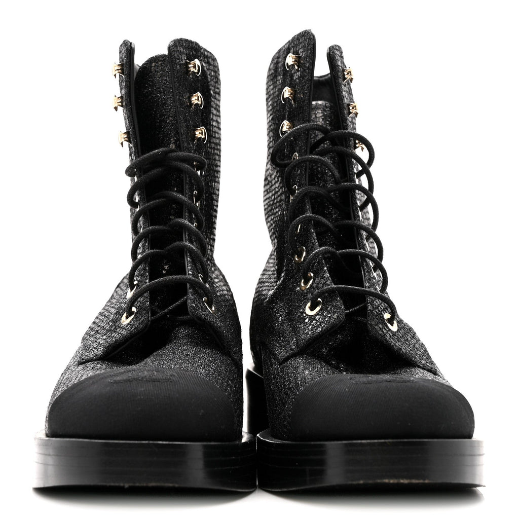 Chanel Fabric Crossgrain Cap Toe Combat Boots 38.5 Black