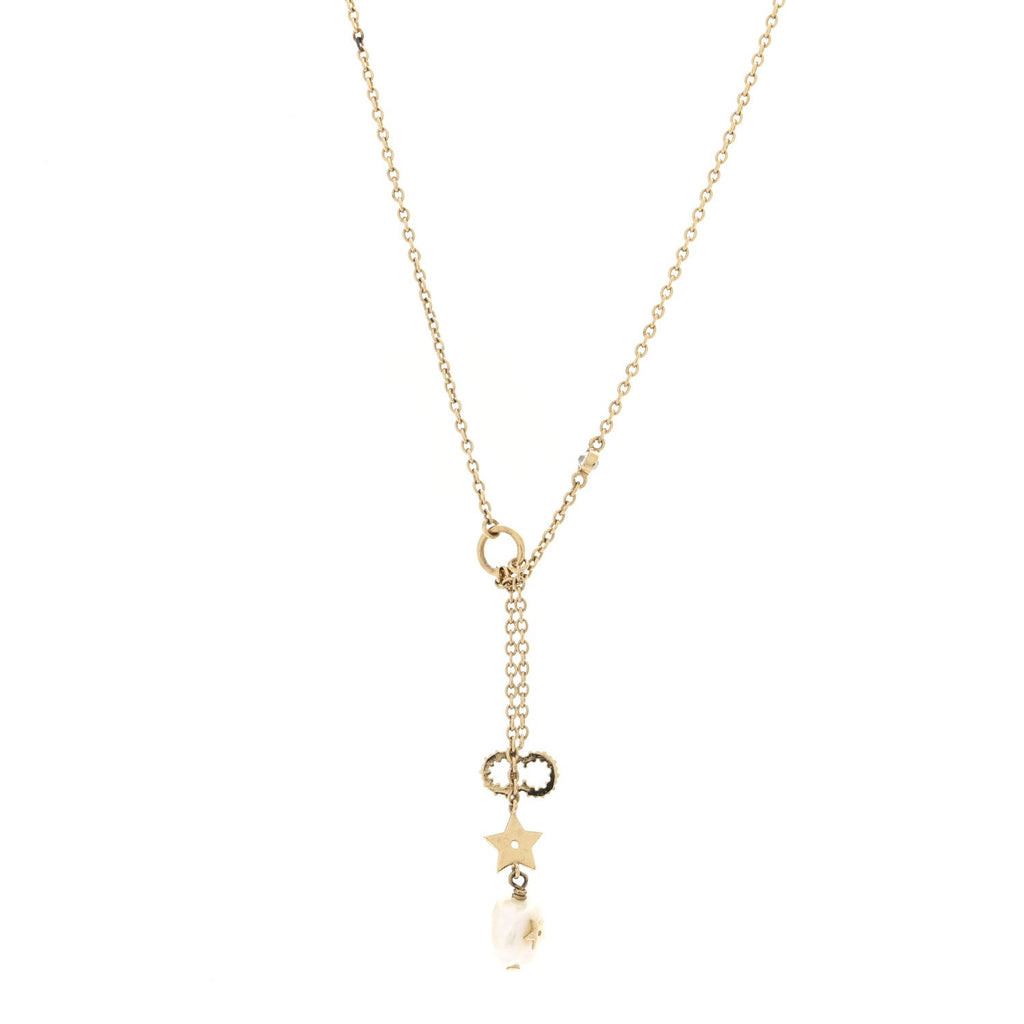 Christian Dior Crystal Pearl CD Shiny-D Tribal Long Necklace Gold