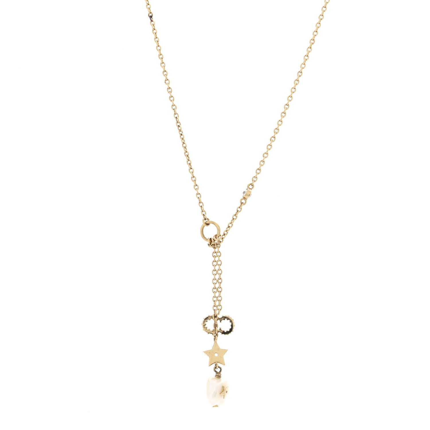 Christian Dior Crystal Pearl CD Shiny-D Tribal Long Necklace Gold