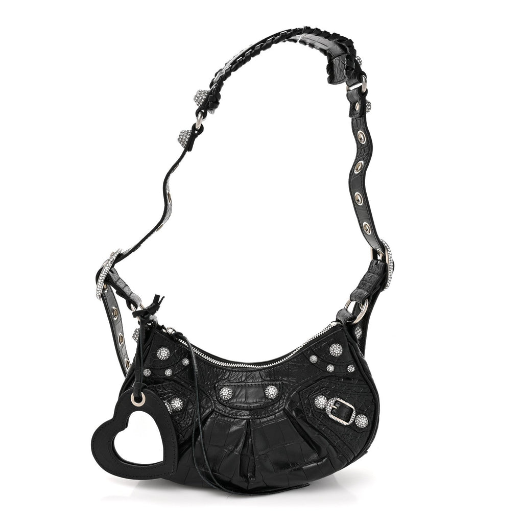 Balenciaga Extra Supple Calfskin Crystal Crocodile Embossed Le Cagole Shoulder Bag XS Black
