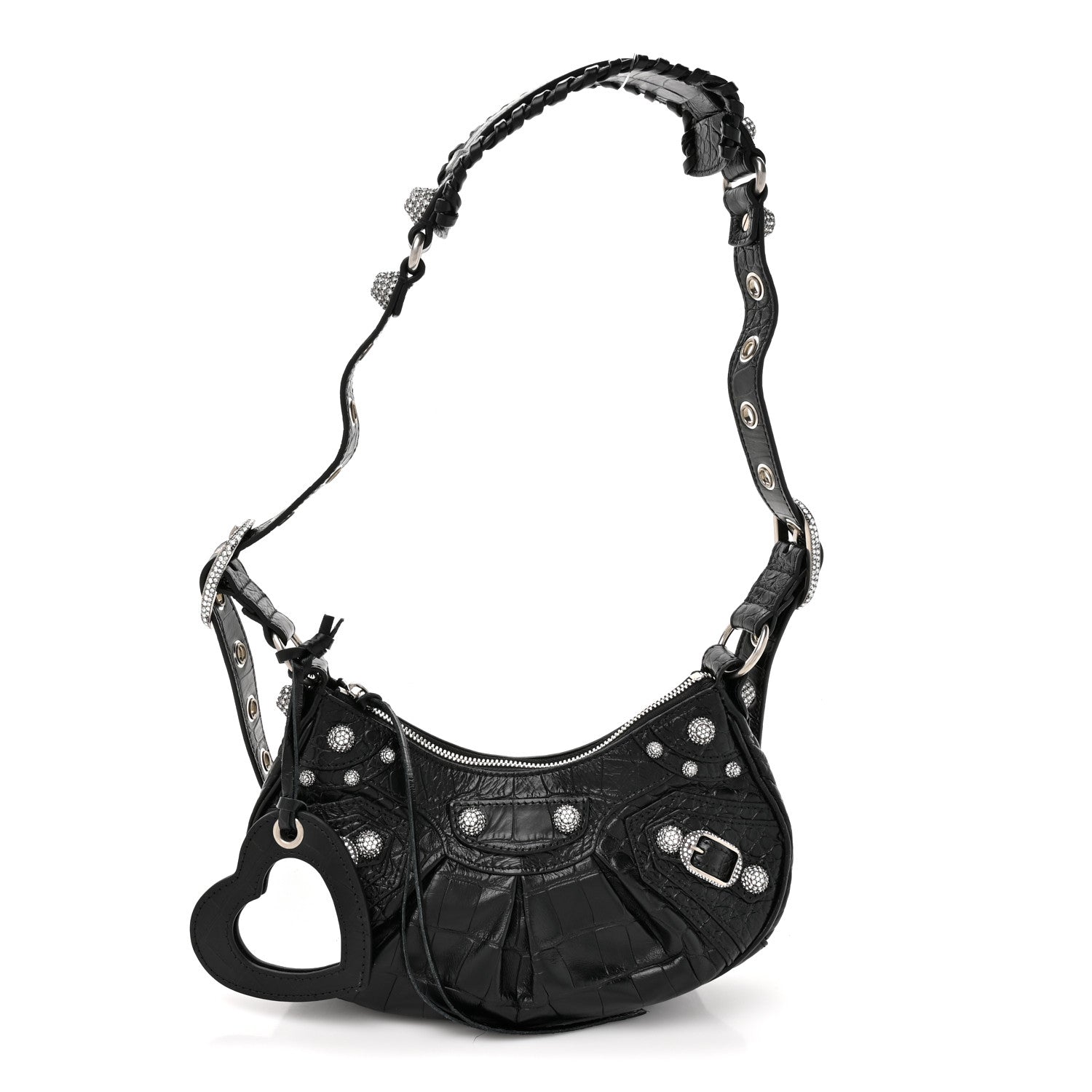Balenciaga Extra Supple Calfskin Crystal Crocodile Embossed Le Cagole Shoulder Bag XS Black