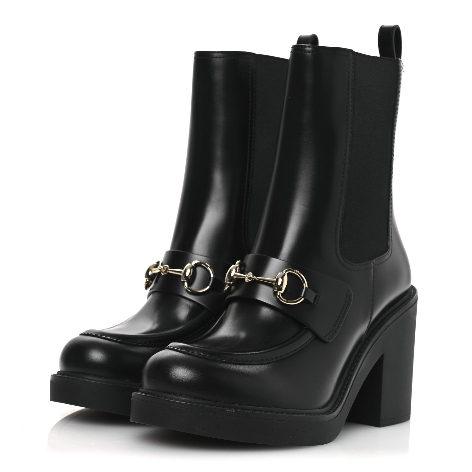 Gucci Calfskin Horsebit Double Stretch Rib Womens Ankle Boots 38.5 Black