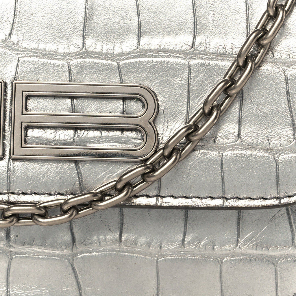 Balenciaga Metallic Extra Supple Calfskin Crocodile Embossed Gossip Wallet On Chain Silver