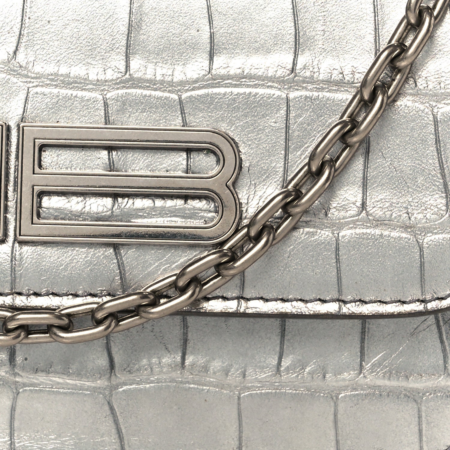 Balenciaga Metallic Extra Supple Calfskin Crocodile Embossed Gossip Wallet On Chain Silver