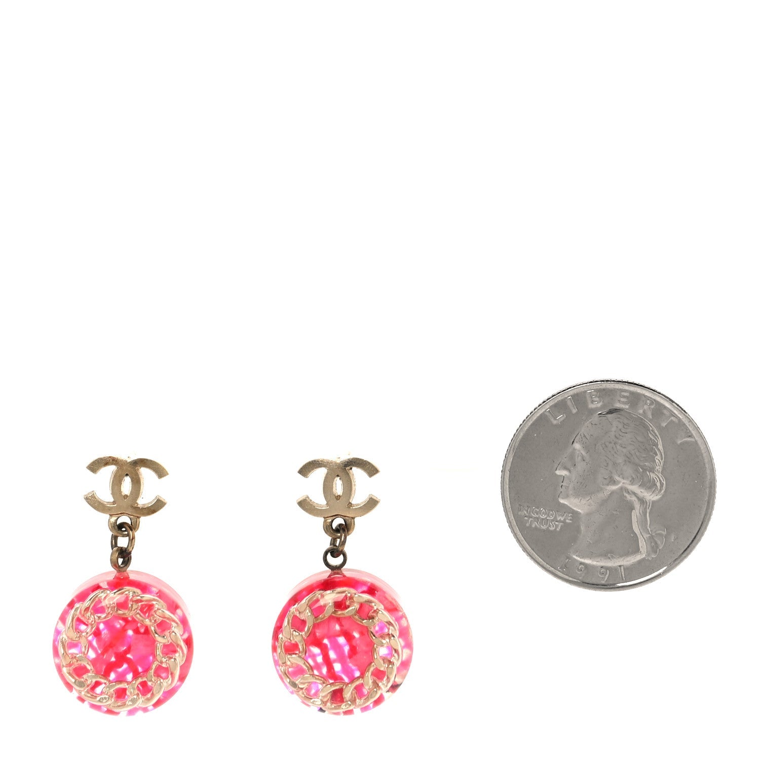 Chanel Resin Chain Tweed CC Drop Earrings Pink Gold