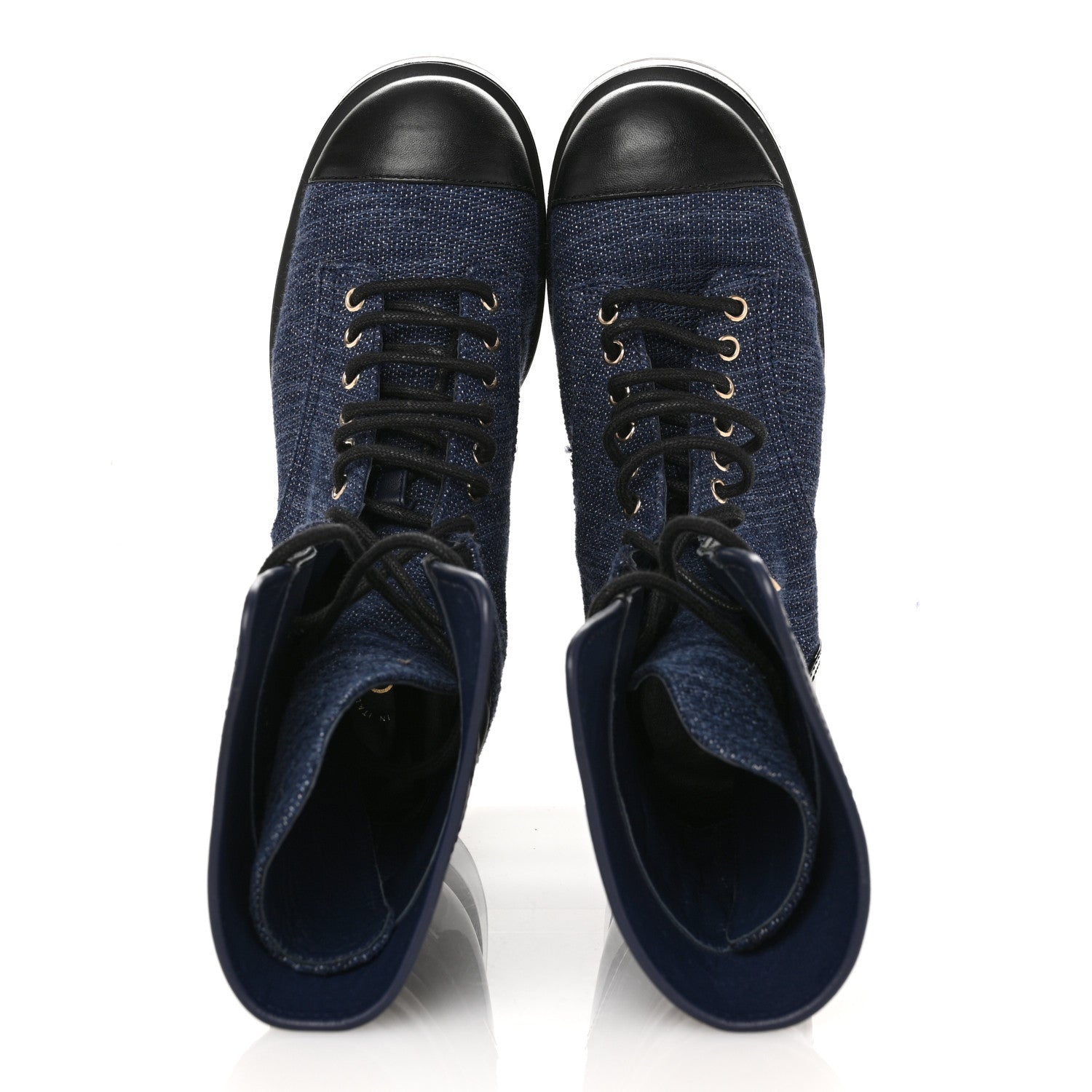 Chanel Fabric Patent Lambskin Quilted CC Lace Up Combat Boots 37 Navy Blue Black
