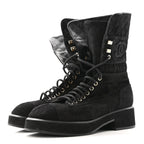 Chanel Suede Quilted Lace Up Combat Boots 38.5 Black