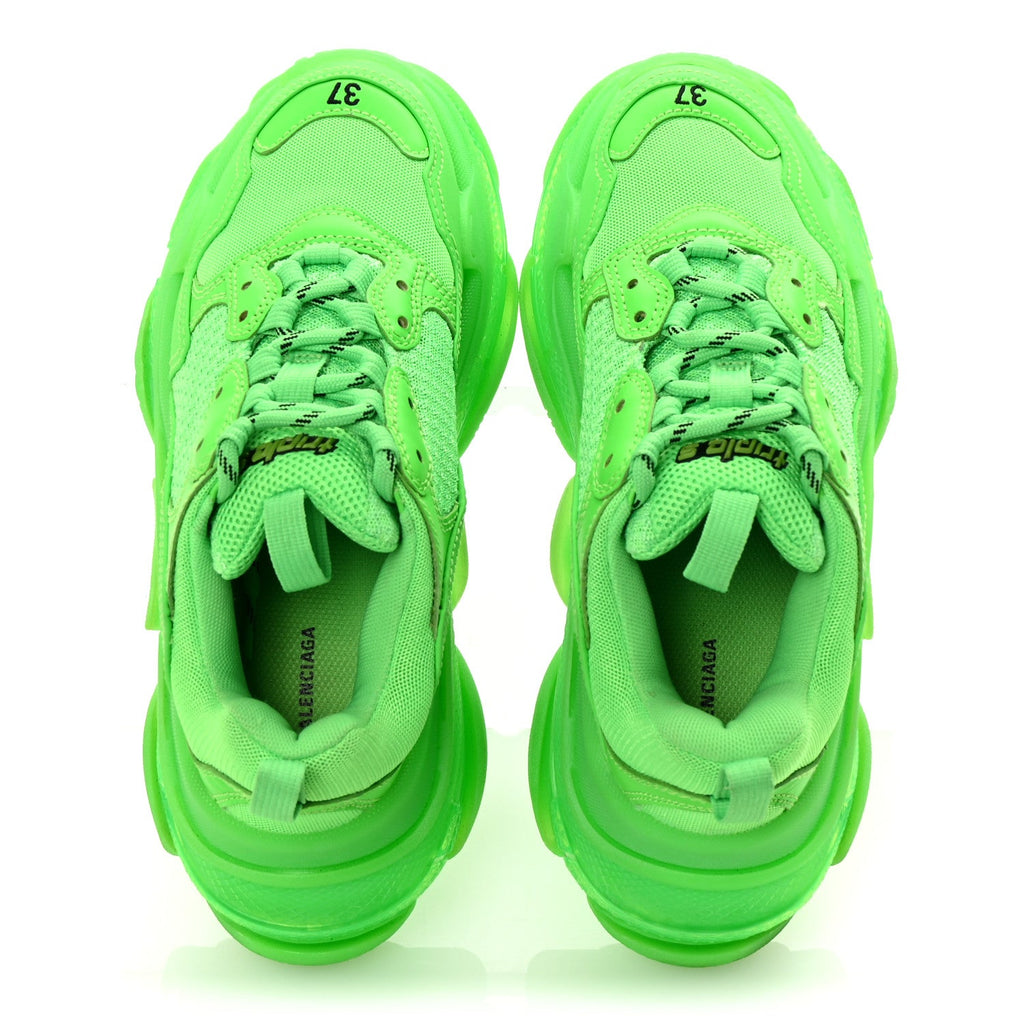 Balenciaga Fabric Mesh Clear Sole Womens Triple S Sneakers 37 Fluo Green