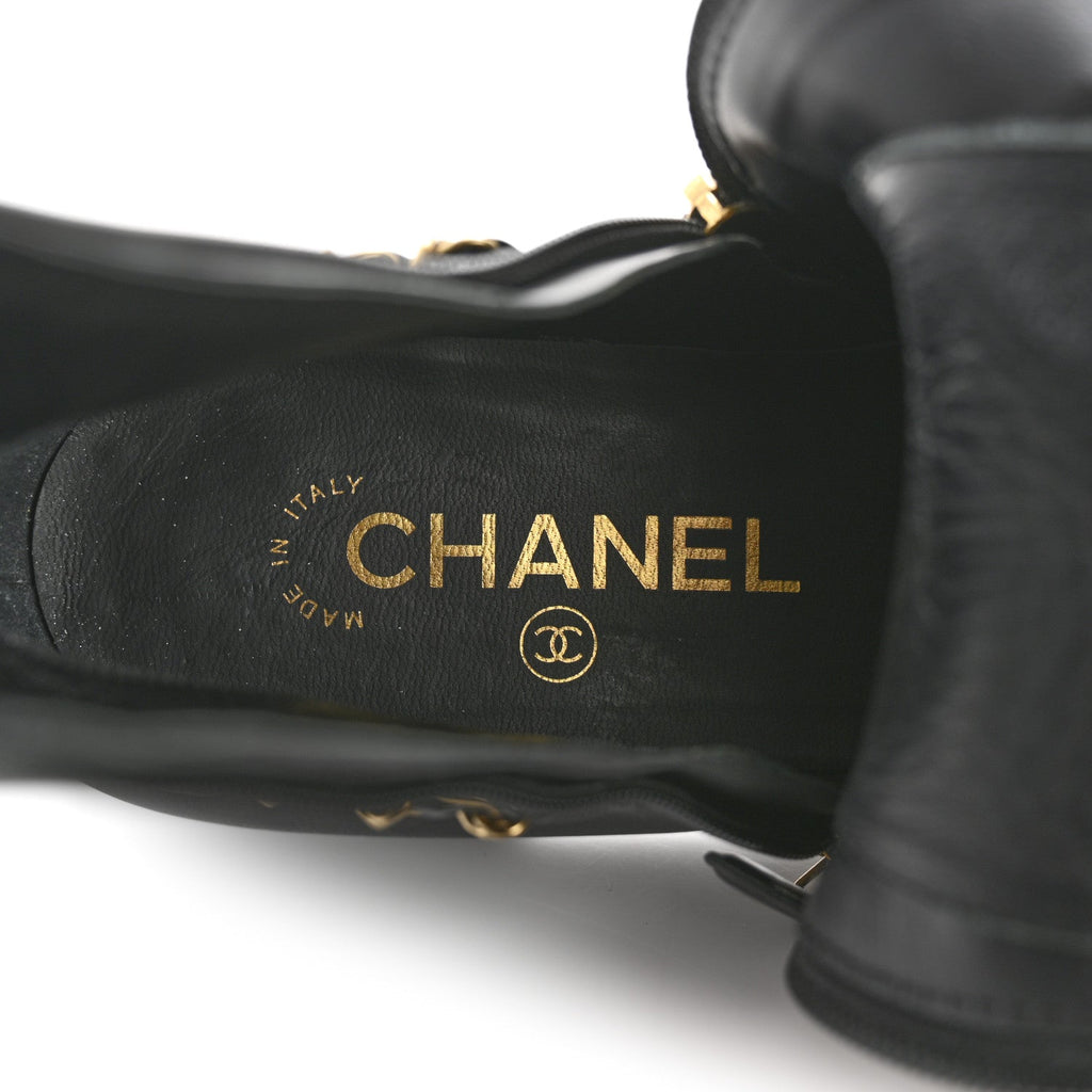 Chanel Calfskin Chain Lace Up Boots 36.5 Black