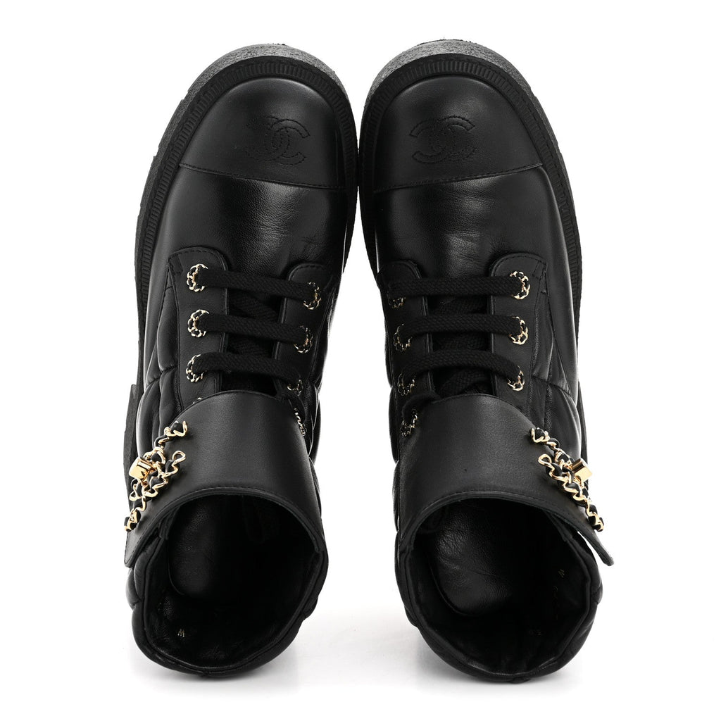 Chanel Lambskin Calfskin Quilted Lace Up Combat Boots 38 Black