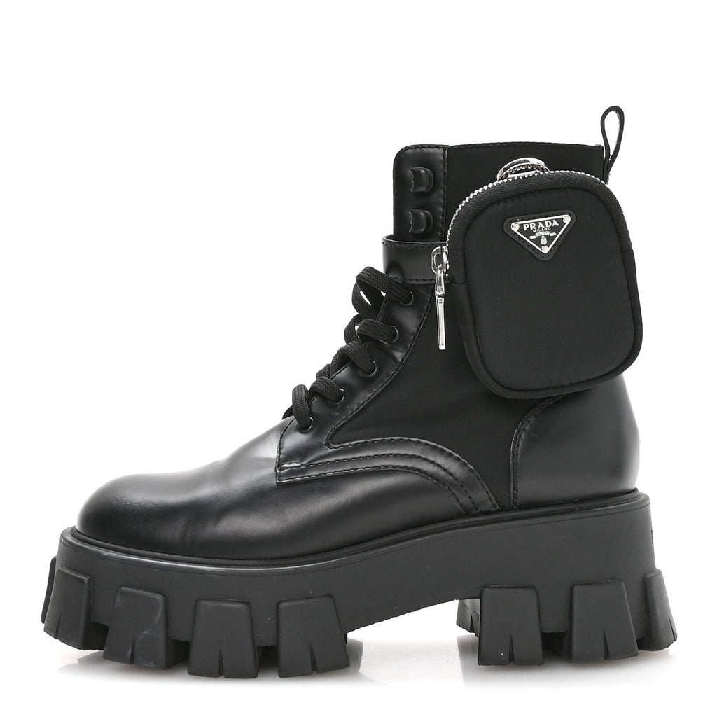 Prada Spazzolato Rois Nylon Metal Triangle Logo Monolith Pouch Pocket 55mm Boots 37 Black