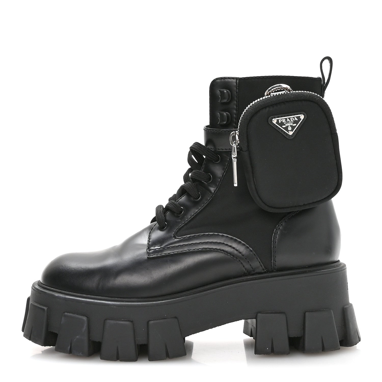 Prada Spazzolato Rois Nylon Metal Triangle Logo Monolith Pouch Pocket 55mm Boots 37 Black