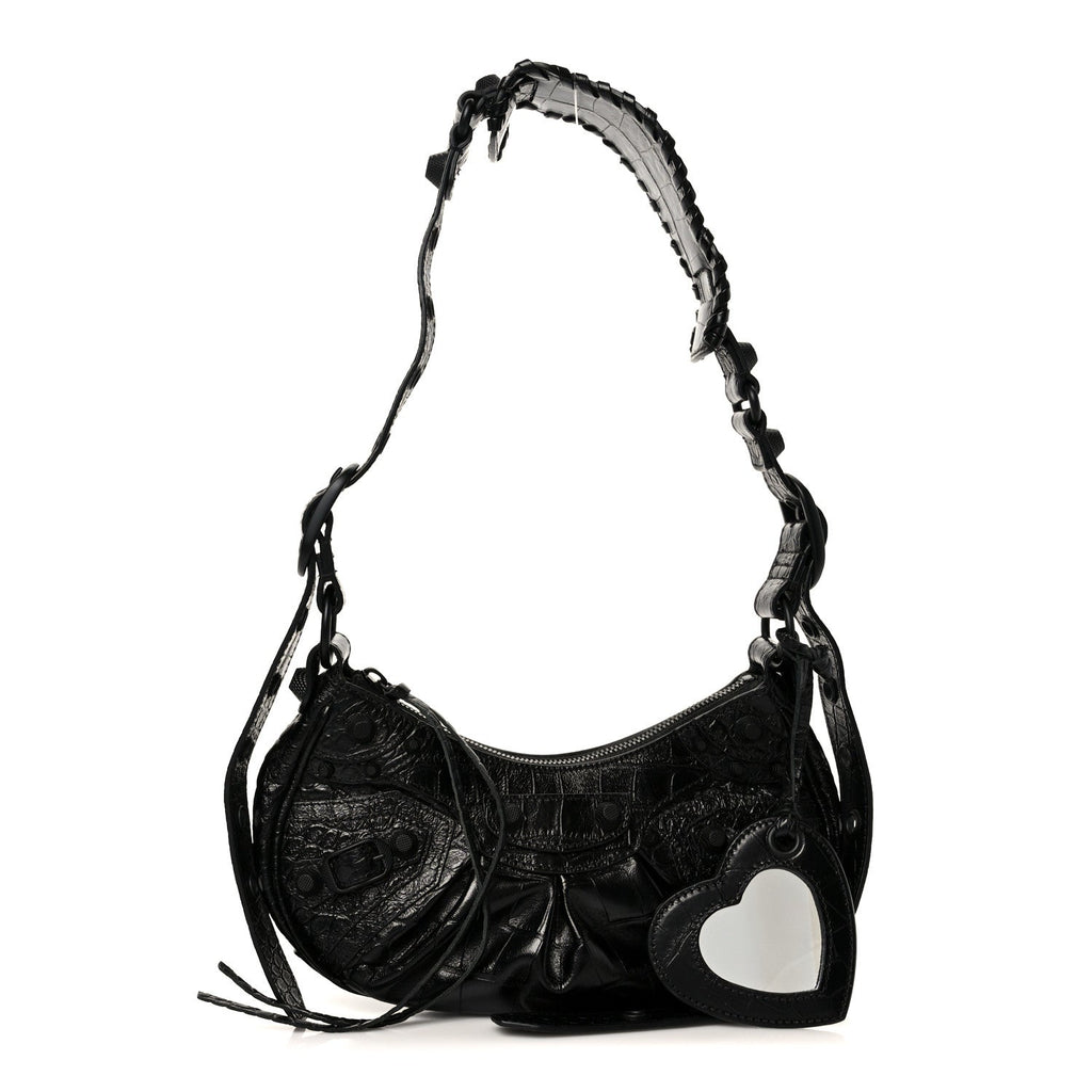 Balenciaga Extra Supple Calfskin Crocodile Embossed Monochrome Le Cagole Shoulder Bag XS Black
