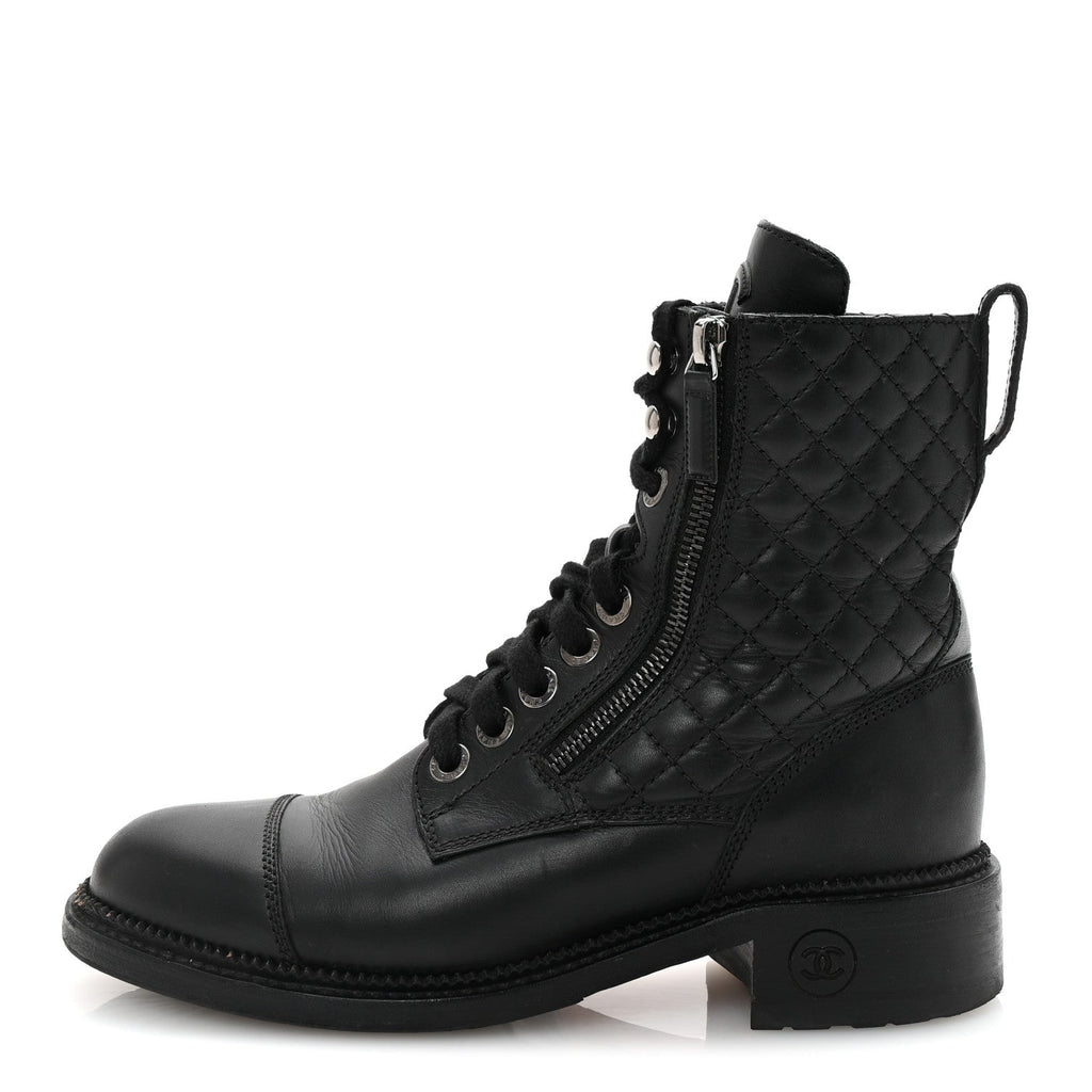 Chanel Calfskin Quilted Lace Up Combat Boots 37.5 Black