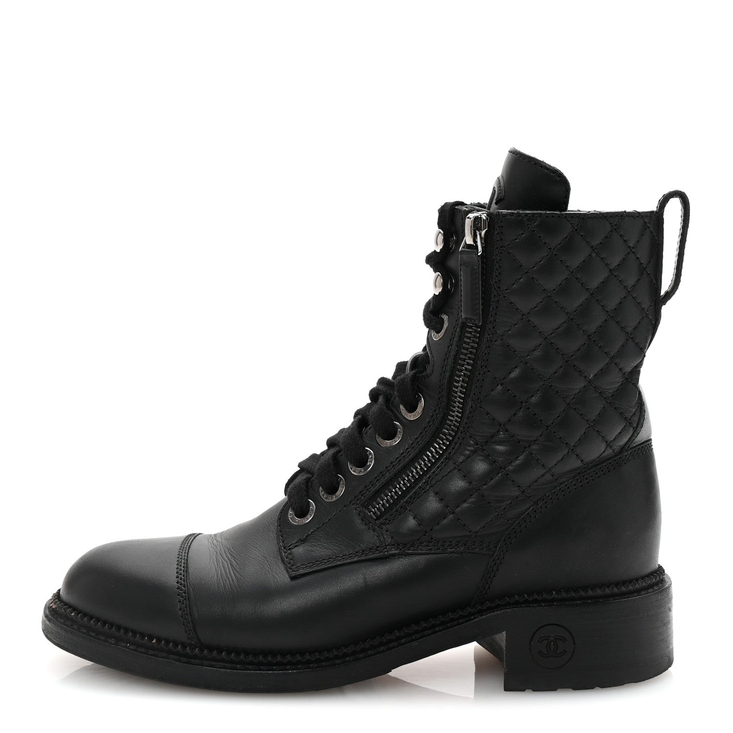 Chanel Calfskin Quilted Lace Up Combat Boots 37.5 Black