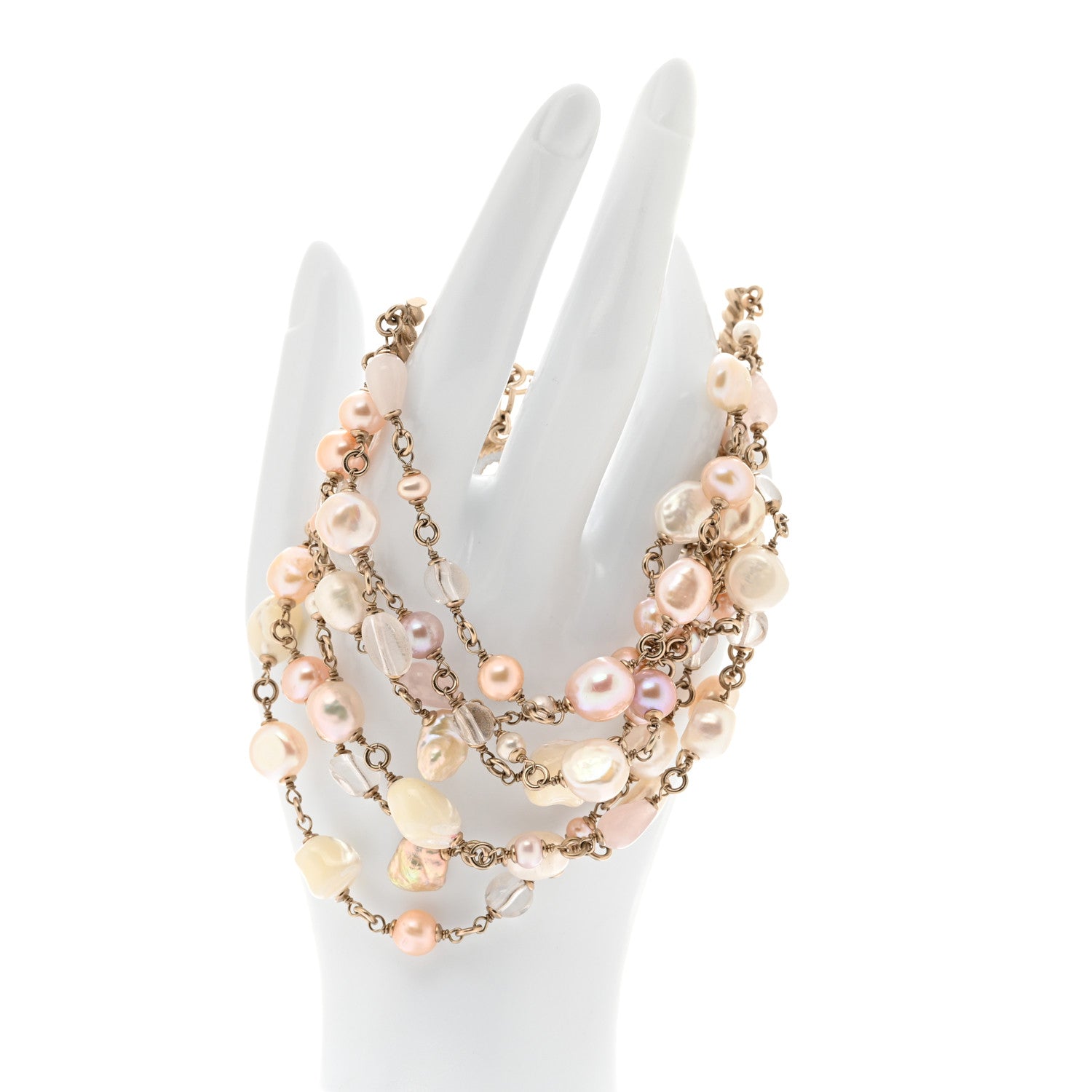 Chanel Pearl Bead CC Multi Strand Bracelet Gold Pink