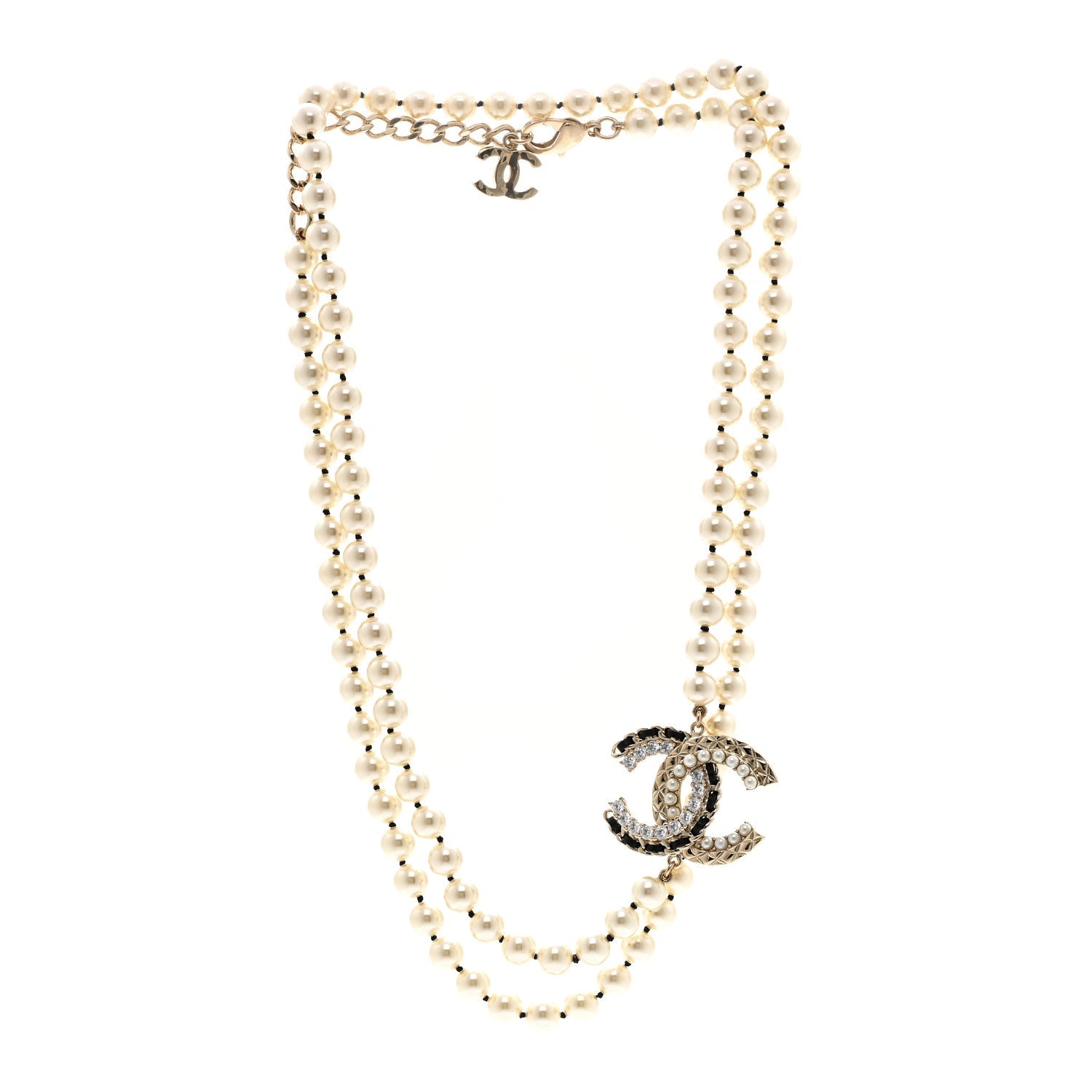Chanel Pearl Crystal Lambskin CC Long Necklace Gold Black