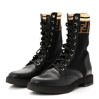 Fendi Calfskin Stretch Fabric Rockoko Biker Boots 38 Tobacco Black Marino